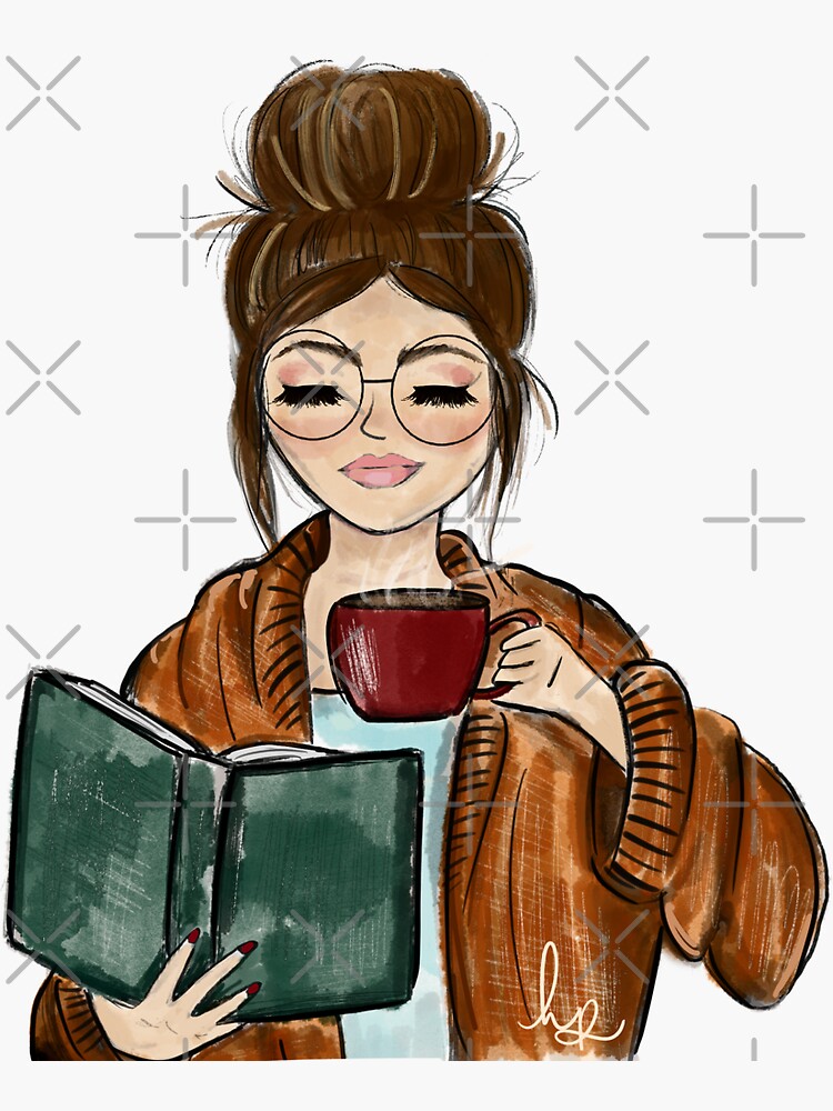 Thumbnail 3 of 3, Sticker, Cozy Fall Girl with Book and Coffee designed and sold by HopesPalette.
