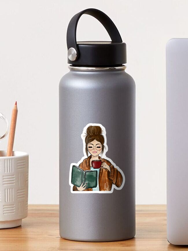 Thumbnail 1 of 3, Sticker, Cozy Fall Girl with Book and Coffee designed and sold by HopesPalette.