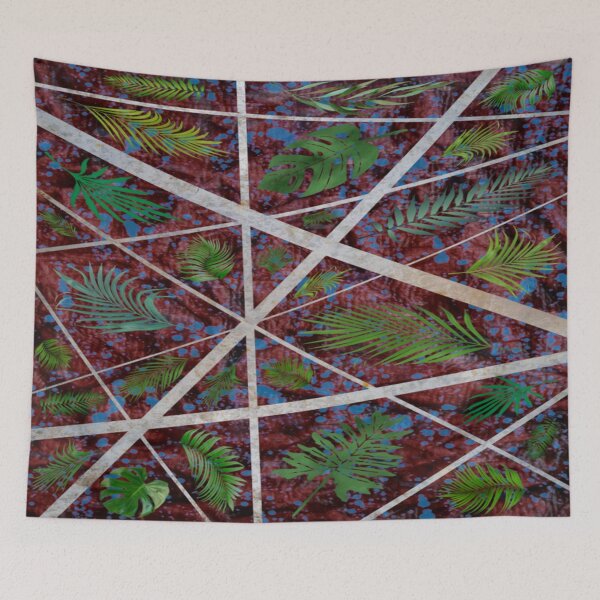 Item preview, Abstract green palm leaves on a dark red background with Silver stripes. designed and sold by jayne0524.