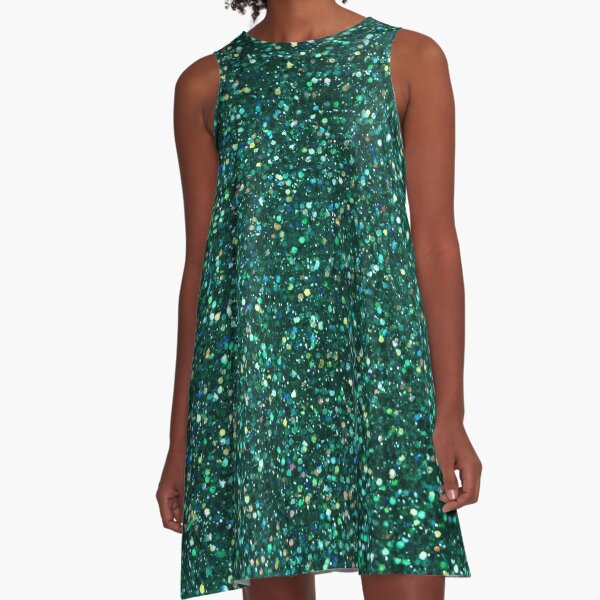 Sparkly Jade Green Peacock Glitter A-Line Dress