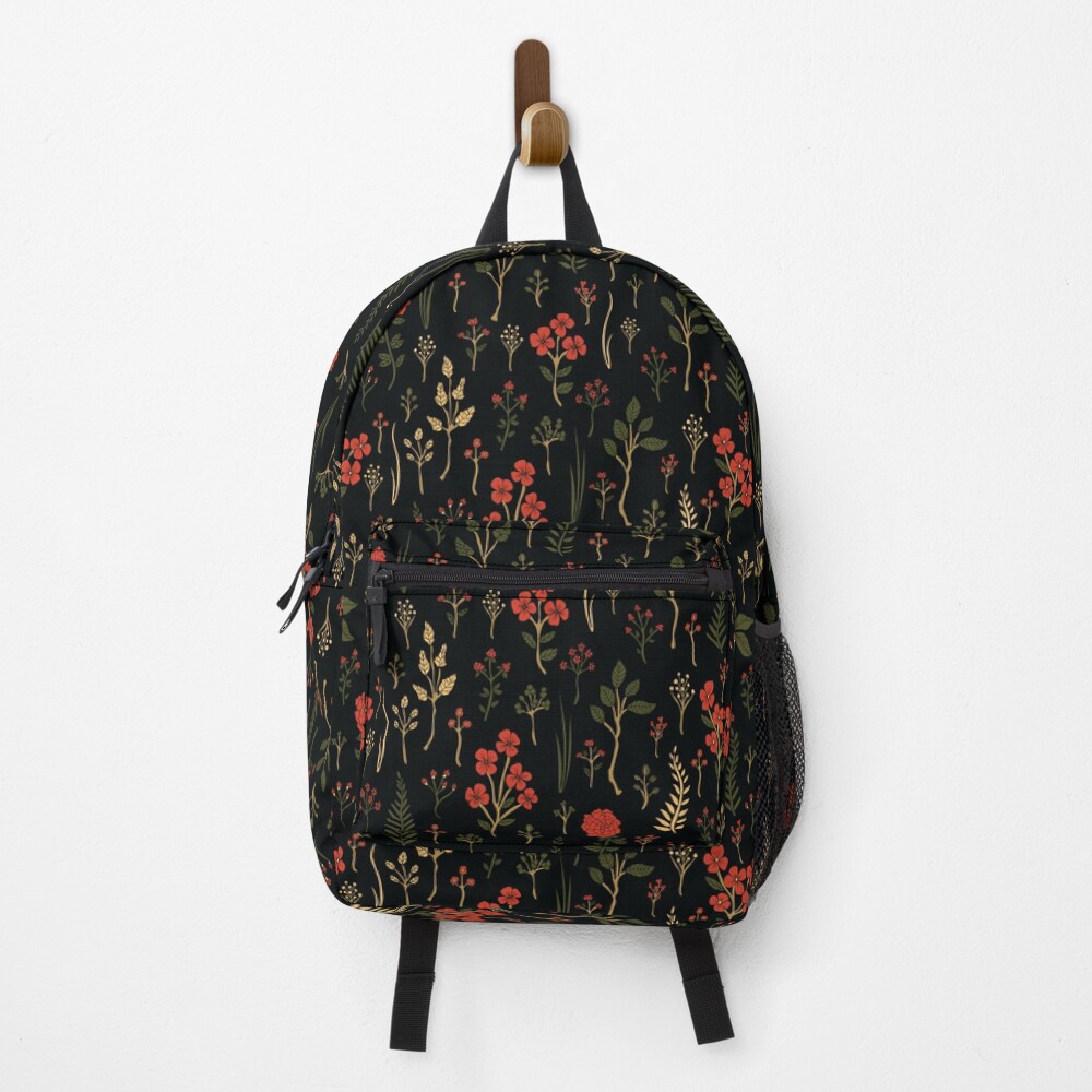 Green, Red-Orange, and Black Floral/Botanical Print Backpack
