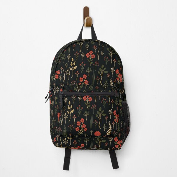 Green, Red-Orange, and Black Floral/Botanical Print Backpack