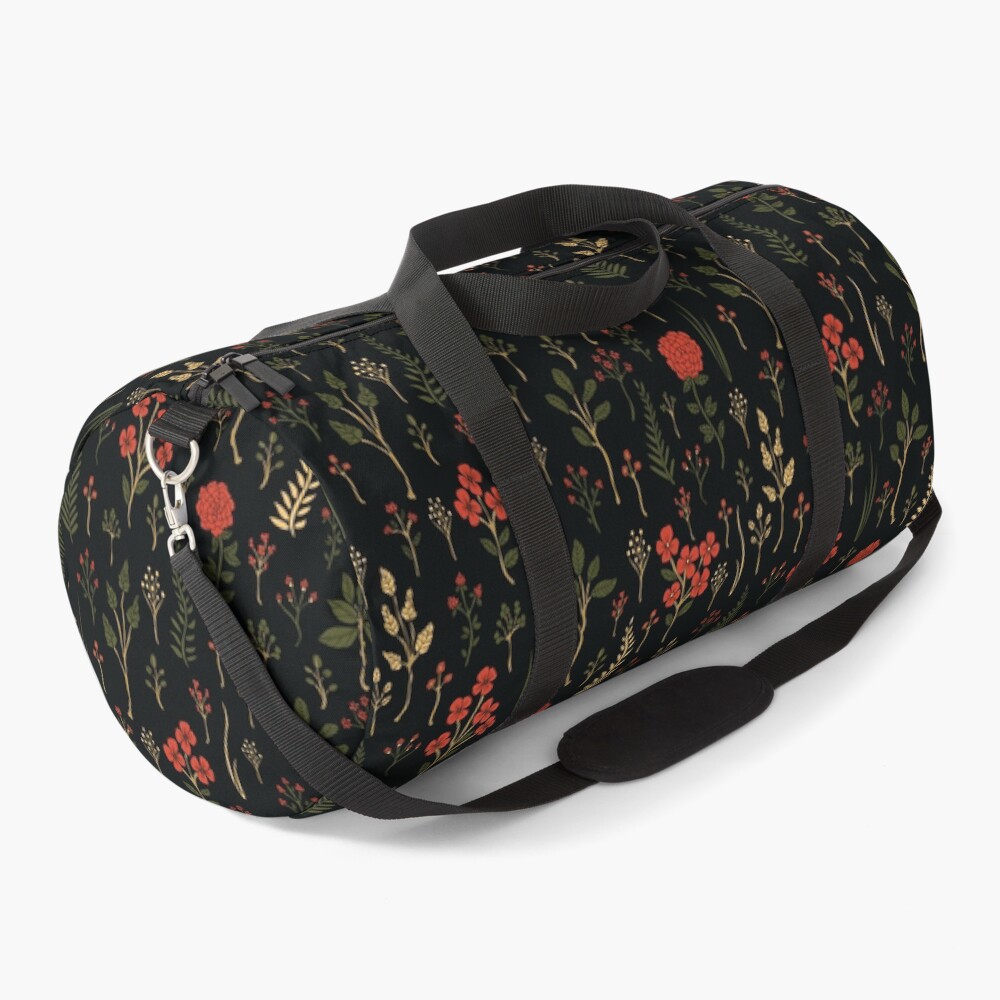 Green, Red-Orange, and Black Floral/Botanical Print Duffle Bag