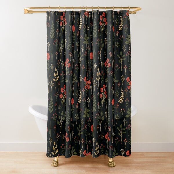 Green, Red-Orange, and Black Floral/Botanical Print Shower Curtain