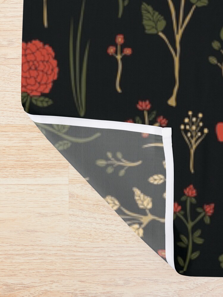 Alternate view of Green, Red-Orange, and Black Floral/Botanical Print Shower Curtain