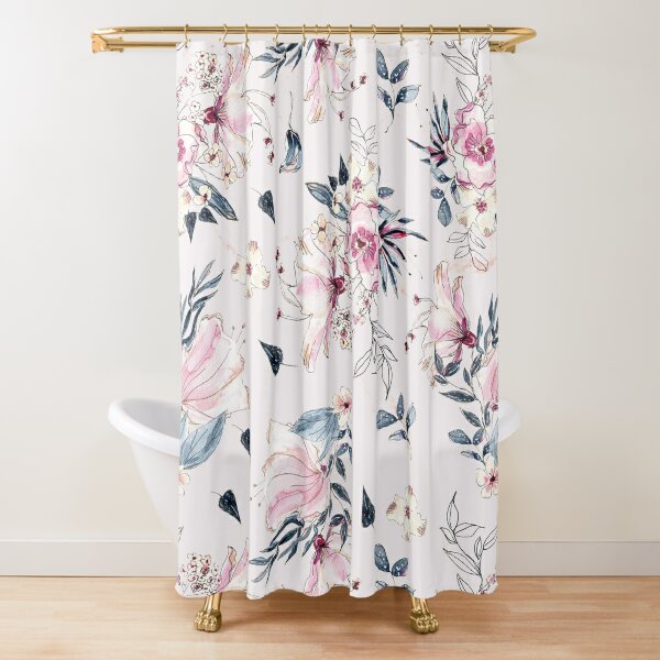 Navy Blue and Pink Flowers on Blush Shower Curtain