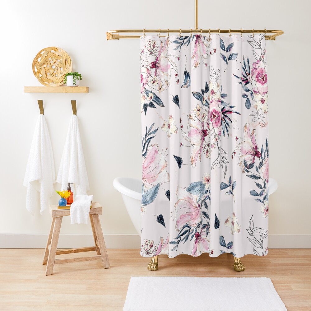"Navy Blue and Pink Flowers on Blush" Shower Curtain for Sale by