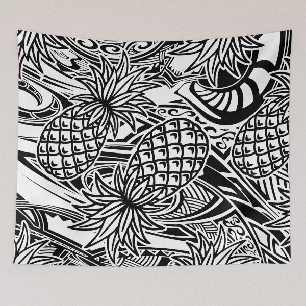 Aperçu de l'œuvre Ananas tropicaux polynésiens noirs et blancs créée et vendue par sunnthreads.