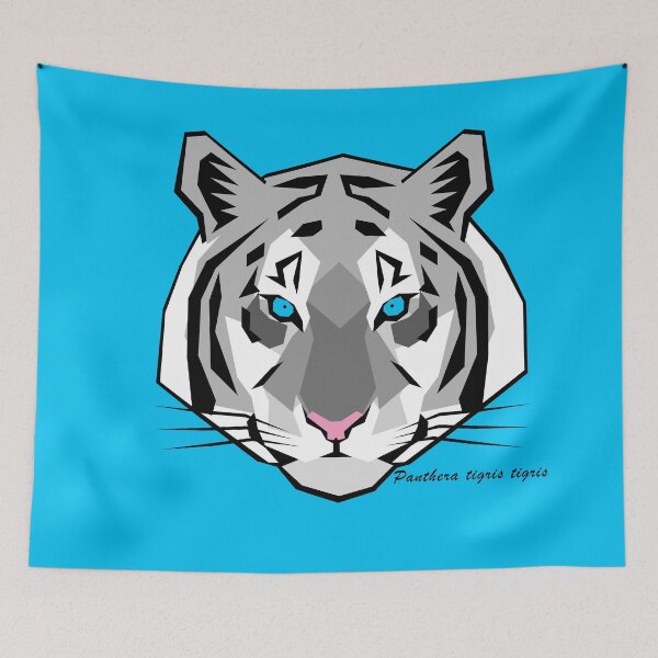 Item preview, White Tiger Geometric Art with Blue Background and Scientific Name Text designed and sold by WildByNature.