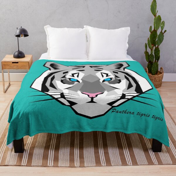 Item preview, White Tiger Geometric Art with Teal Background and Scientific Name Text designed and sold by WildByNature.