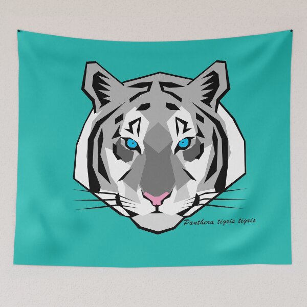 Item preview, White Tiger Geometric Art with Teal Background and Scientific Name Text designed and sold by WildByNature.