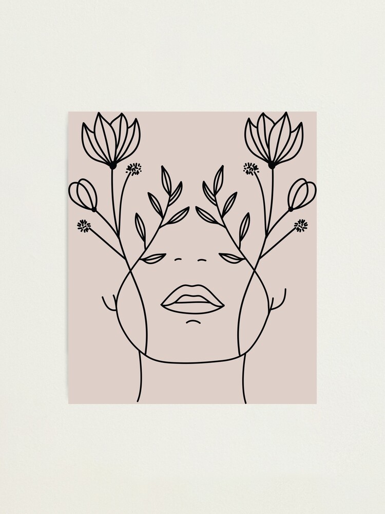 Pink Flower Face Woman Minimal Line Art