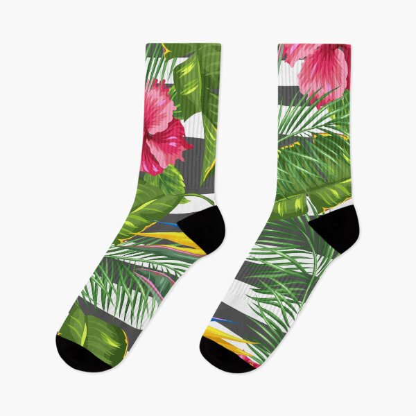 Item preview, Tropical leaves and flowers on a striped backgroup designed and sold by caribbeanvibes.