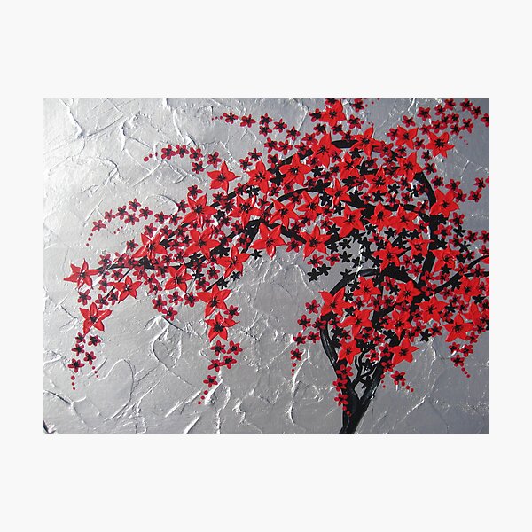 Artikelvorschau, Roter und schwarzer Baum mit silbernem Hintergrund -zen Blütenentwurf entworfen und verkauft von cathyjacobs.