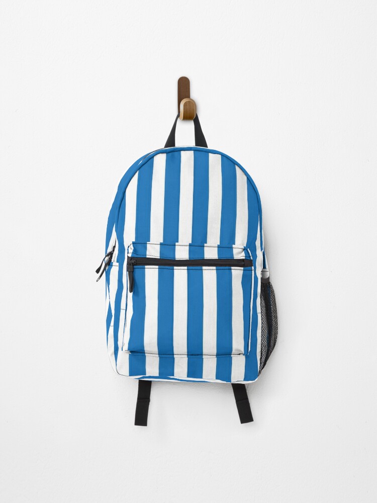 blue and white striped backpack