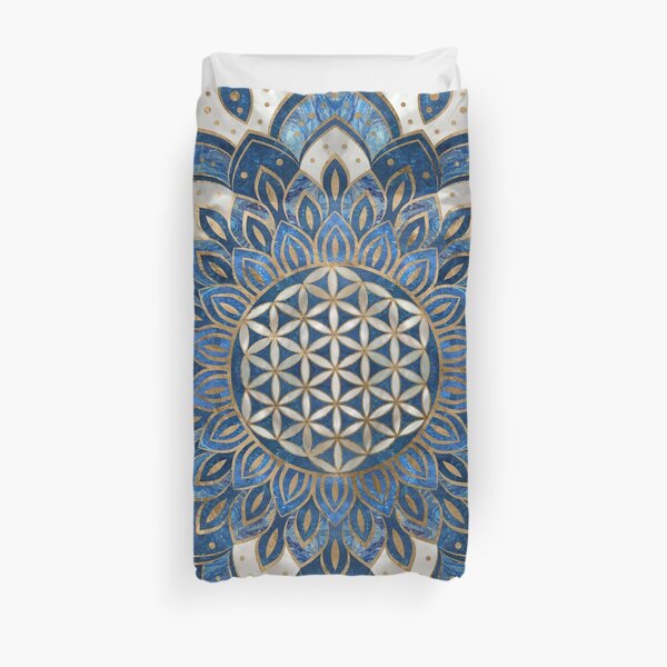 Fleur de vie en lotus - Marbre bleu et perle Housse de couette