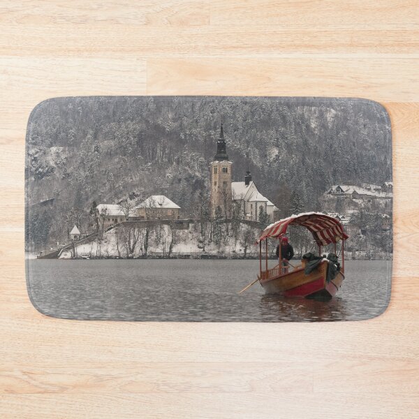 Item preview, Red Pletna Boat Leaving Bled Island designed and sold by rawshutterbug.
