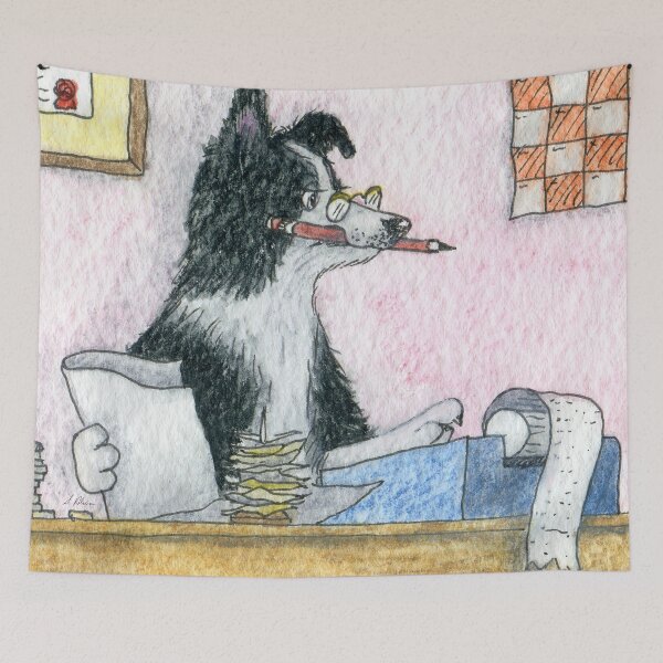 Item preview, Border Collie dog rounding up the figures, doing up the accounts; accountant designed and sold by SusanAlisonArt.