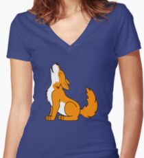 Orange Howling Wolf Pup Women's Fitted V-Neck T-Shirt