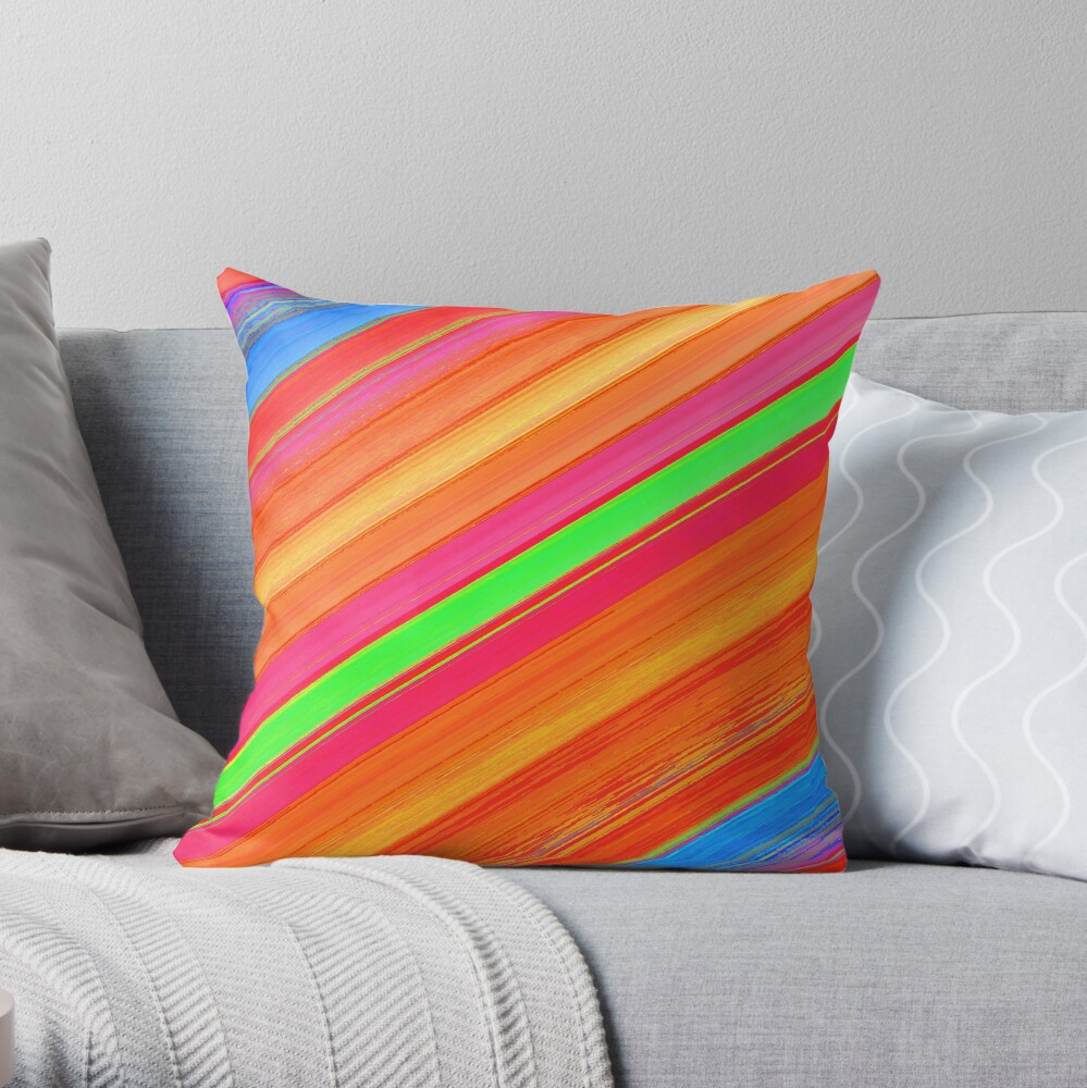 SHADES OF ORANGE DIAGONAL STRIPES- WITH GREEN AND BLUE ACCENT STRIPES Throw Pillow