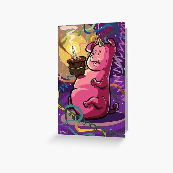 Cartoon Fat Little Birthday Pig vector illustration Greeting Card