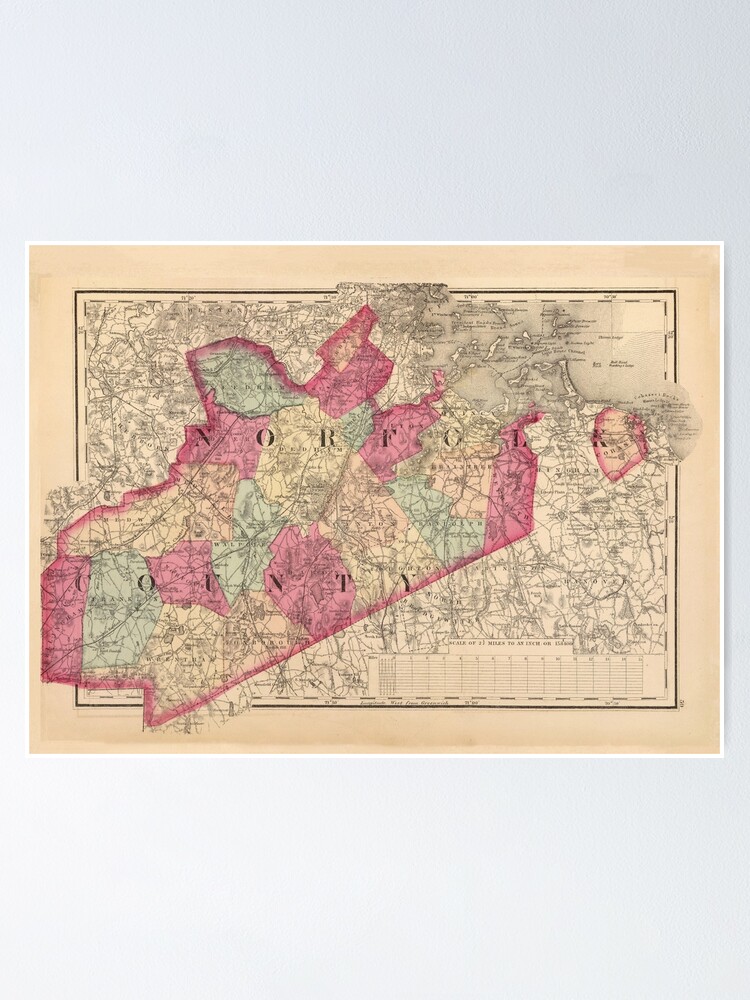 Vintage Map Of Norfolk County Ma 1871 Poster By Bravuramedia Redbubble