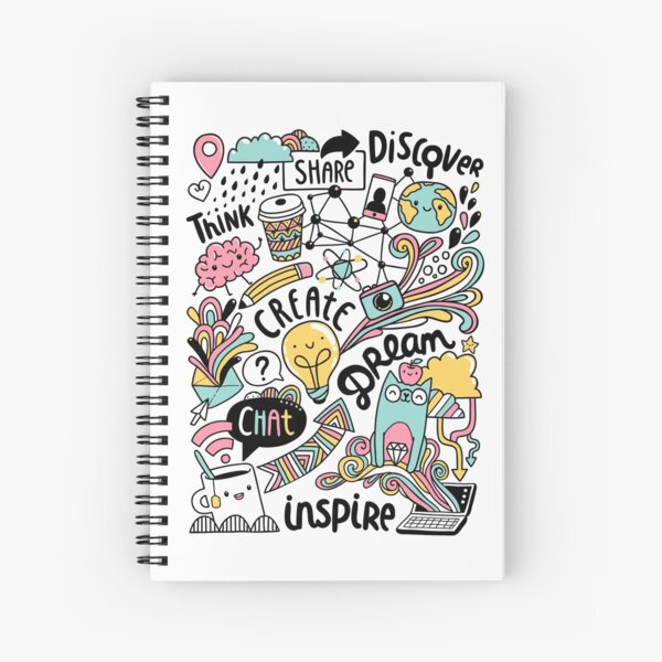 Everyday. Internet and social media doodles. Cat, brain, coffee, pencil creative illustration Spiral Notebook