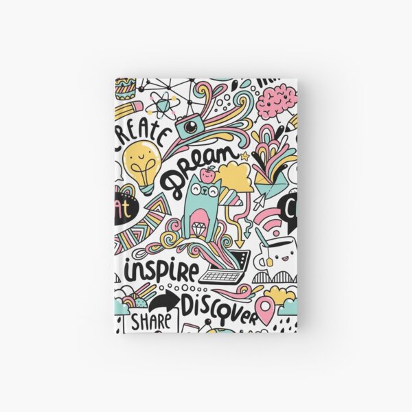 Everyday. Internet and social media doodles. Cat, brain, coffee, pencil creative illustration Hardcover Journal