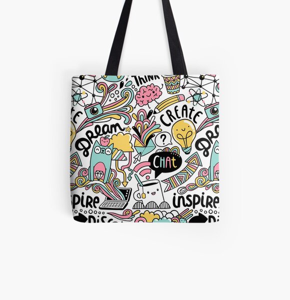 Everyday. Internet and social media doodles. Cat, brain, coffee, pencil creative illustration All Over Print Tote Bag