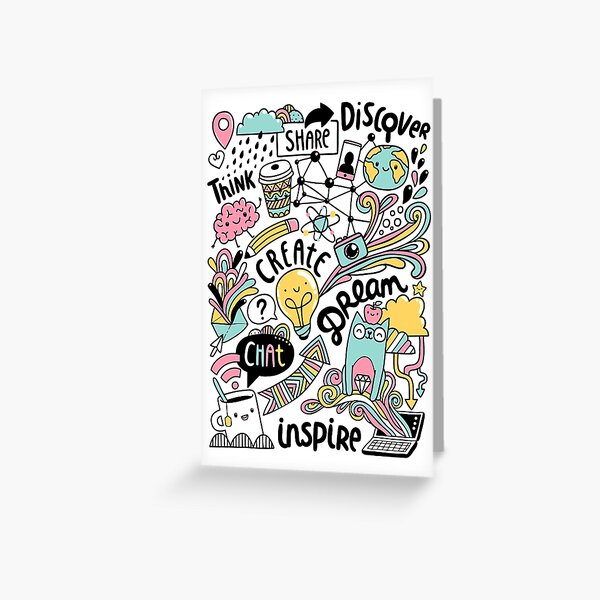 Everyday. Internet and social media doodles. Cat, brain, coffee, pencil creative illustration Greeting Card