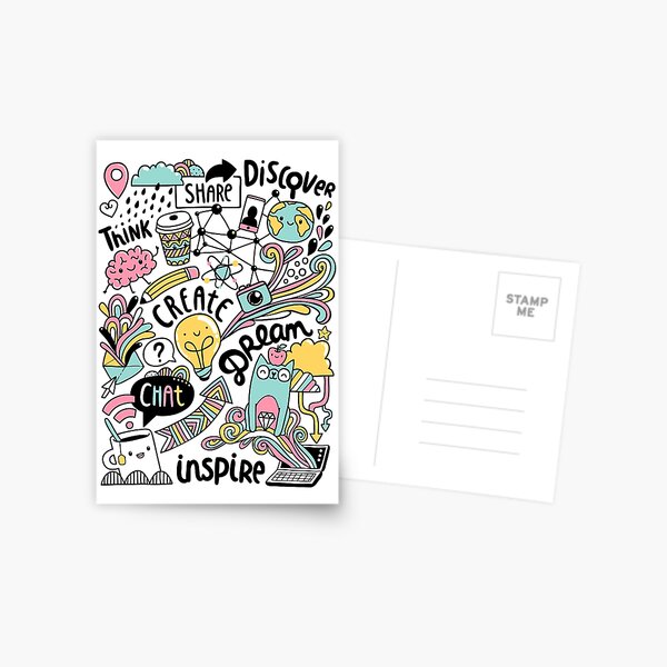Everyday. Internet and social media doodles. Cat, brain, coffee, pencil creative illustration Postcard