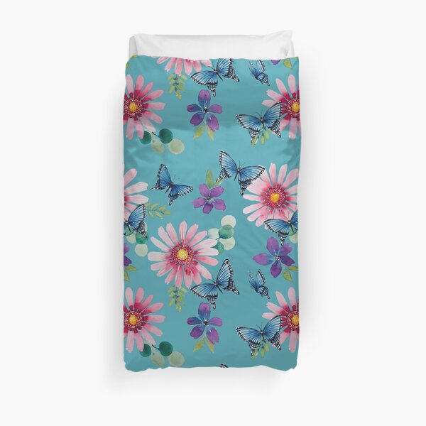 Daisies and Butterflies with Turquoise backgtound Duvet Cover