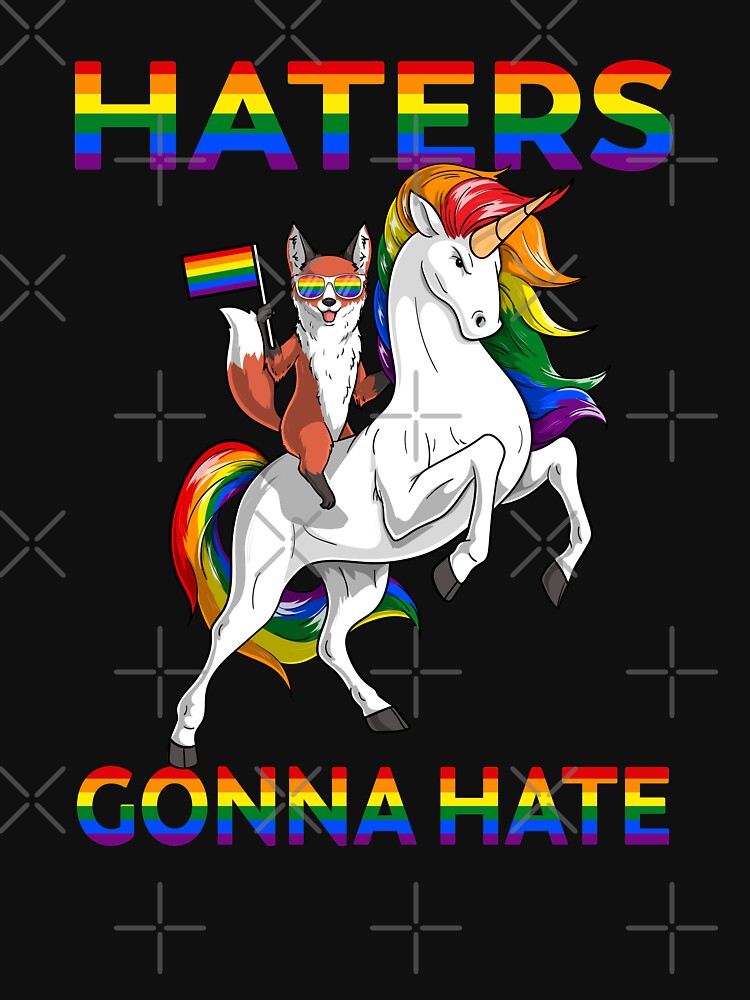 "LGBT Gay Pride Red Fox Riding Unicorn Haters Gonna Hate" Tshirt for
