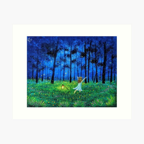 Vista previa del artículo con la obra «Luciérnagas en el bosque y una niña.», diseñado y vendido por StarlightTales.