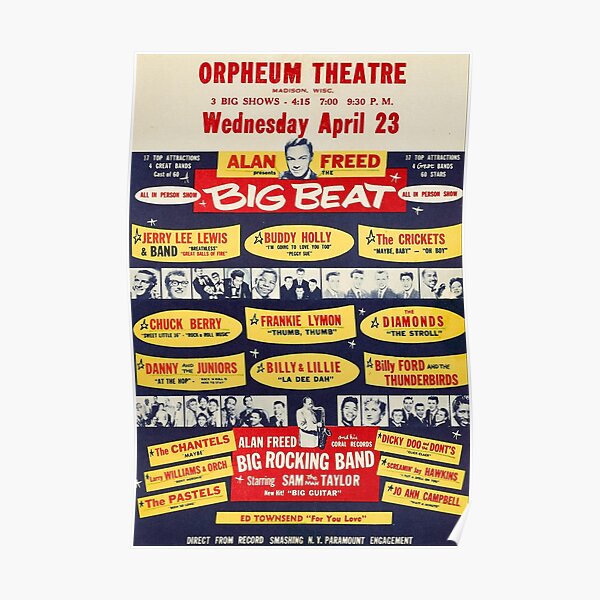 Buddy Holly, Chuck Berry, And Jerry Lee Lewis Orpheum Theatre 1958 Concert Poster Print. Poster
