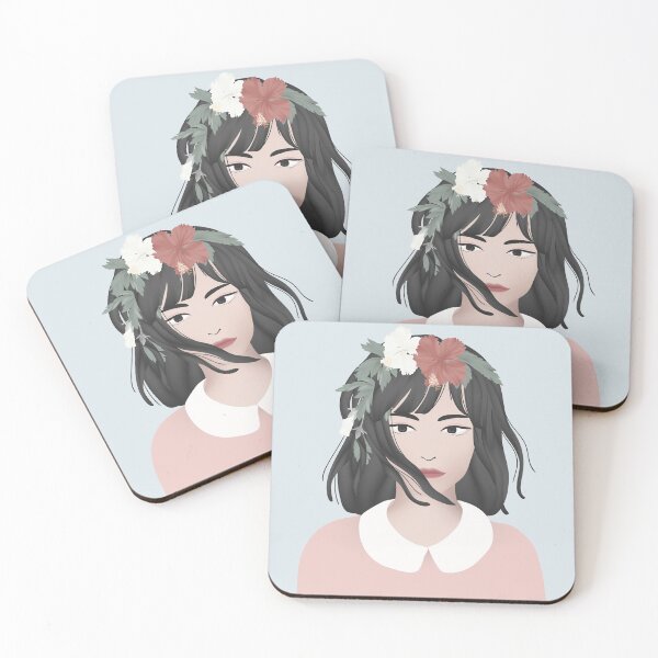 Item preview, Girl with black short hair decorated with red and white hibiscus flowers and leaves designed and sold by Posh31.