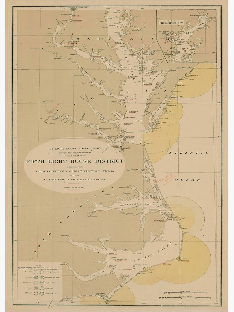 Lámina artística «Vintage Outer Banks y mapa del faro de la bahía de Chesapeake (1872)» de 