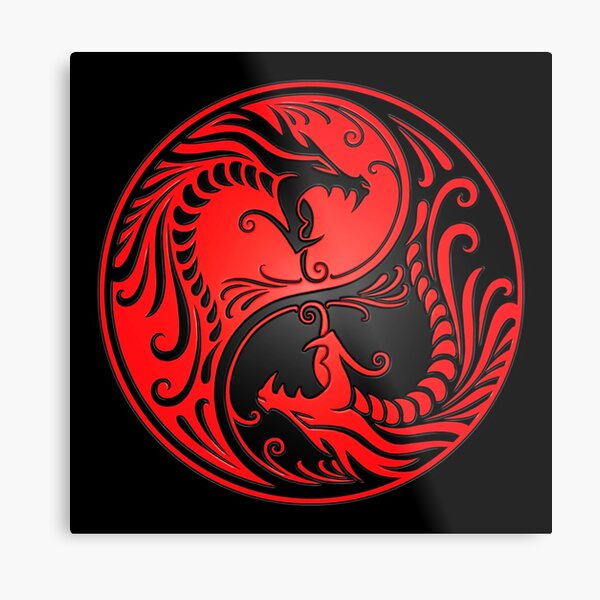 Yin Yang Dragons Red and Black Metal Print
