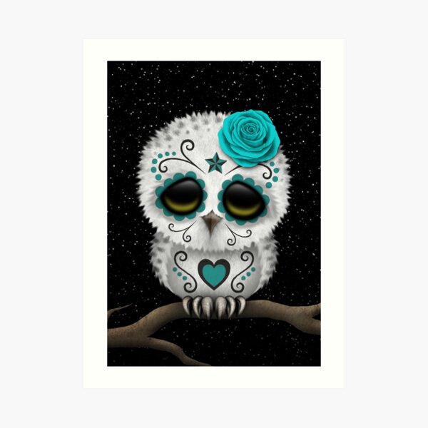 Cute Teal Blue Day of the Dead Sugar Skull Owl Art Print