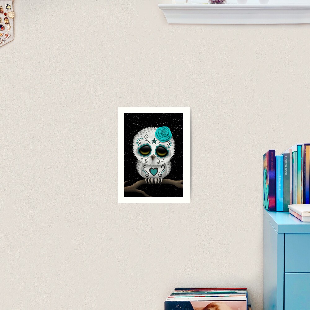 Cute Teal Blue Day Of The Dead Sugar Skull Owl Art Print For Sale By