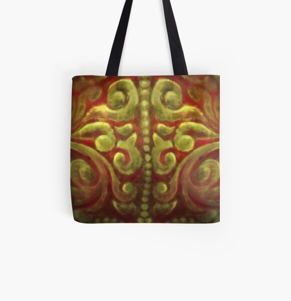 Painterly Red and Gold Ornate Armor Pattern All Over Print Tote Bag