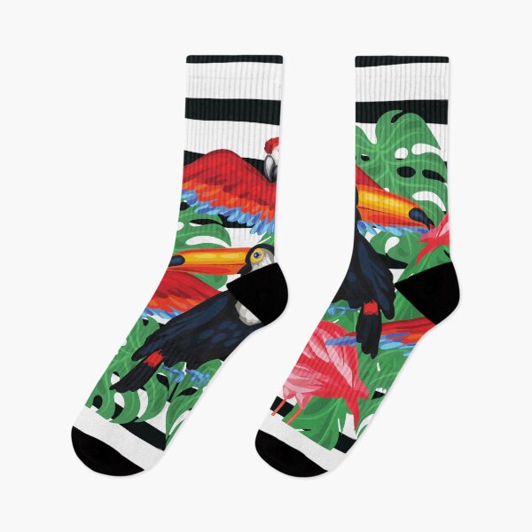Item preview, Tropical leaves and birds on a striped black and white background designed and sold by caribbeanvibes.