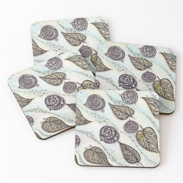Item preview, Winter Snails and Leaf.  Hand draw  ink and pen, Watercolor, on textured paper designed and sold by MandalaFlowerArt.