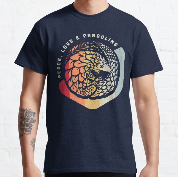 Vista previa del artículo con la obra «Paz, amor y pangolines: diseño geométrico vintage», diseñado y vendido por Bangtees.