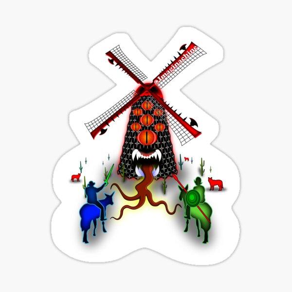 Quixote & Sancho Battle an actual Windmill Monster with Demon Dogs Sticker
