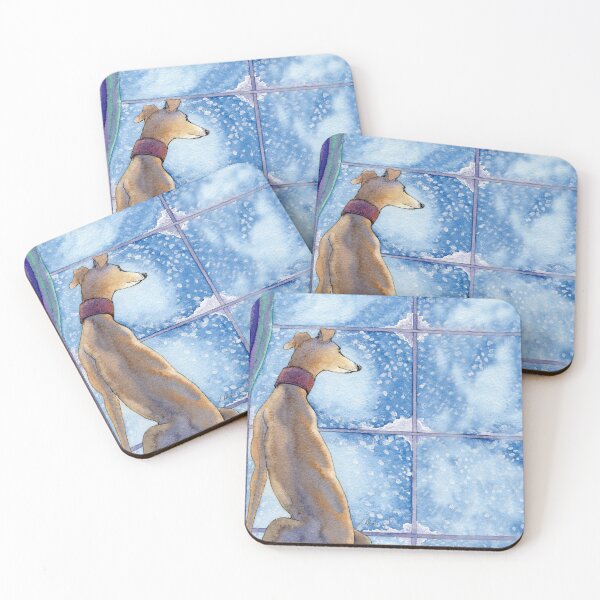Item preview, Greyhound dog sits in the warm watching the snow fall outside designed and sold by SusanAlisonArt.