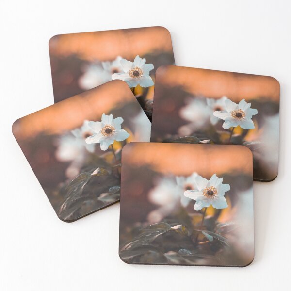 Item preview, White wooden anemone macro with brown and orange bakground designed and sold by macroviewpoint.