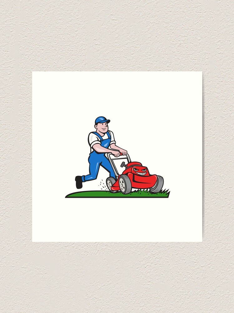 Gardener Mowing Lawn Mower Cartoon | Art Print