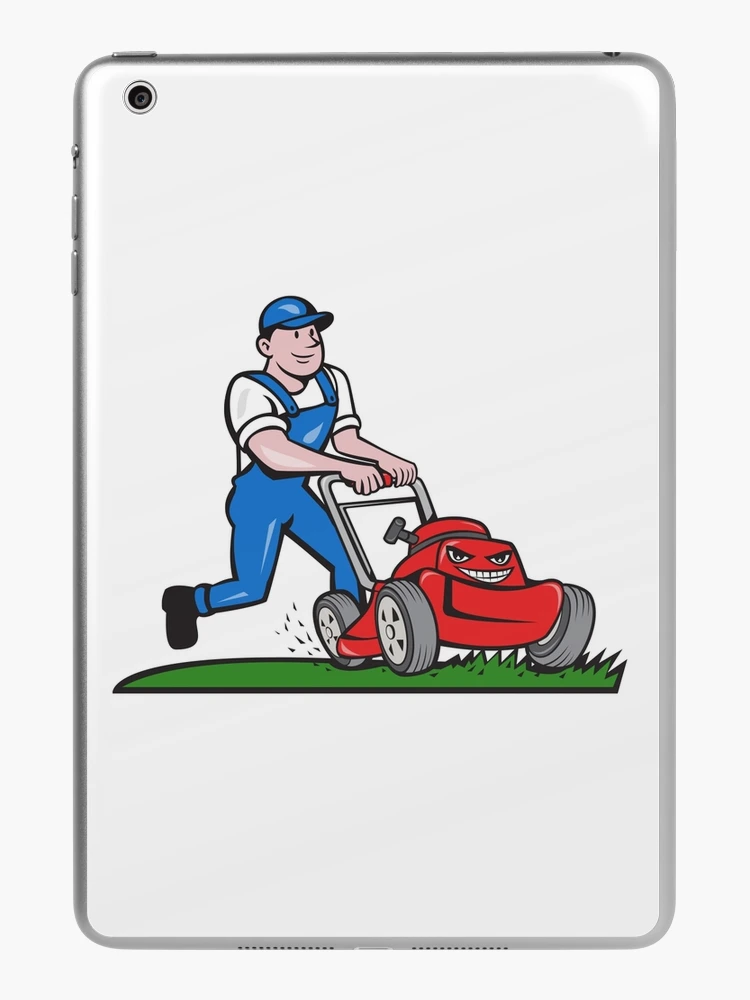 Illustration Of A Gardener Wearing Hat And Overalls With Lawnmower