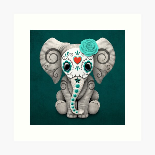 Teal Blue Day of the Dead Sugar Skull Baby Elephant Art Print